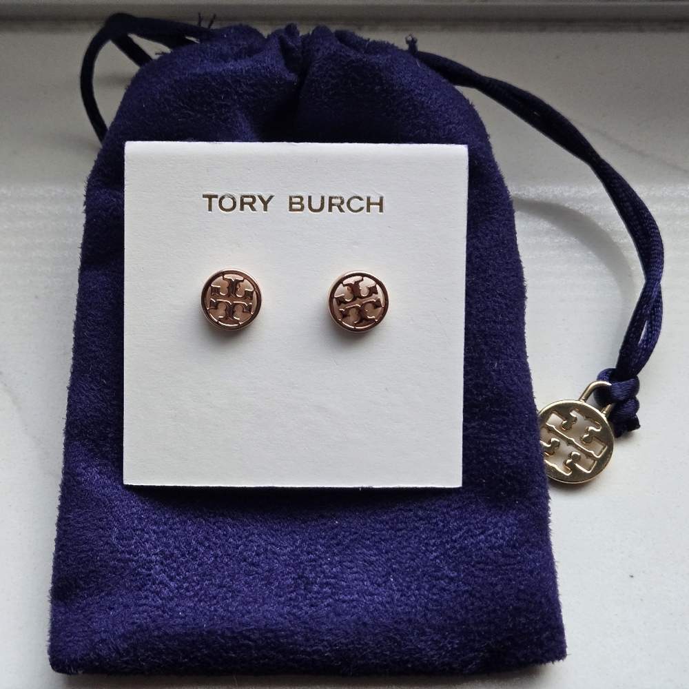 NWT - Tory Burch Rose Gold Logo Stud Earrings